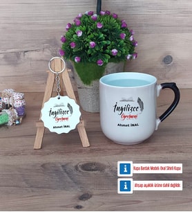 İngilizce Öğretmeni Kupa Bardak Kırmızı ve Ahşap Anahtarlık Hediye (Model 9)