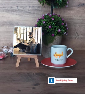 Arkeolog Fotoğraflı Dekoratif Taş, Ahşap Altlıklı Türk Kahvesi Fincanı Hediye (Model 8)