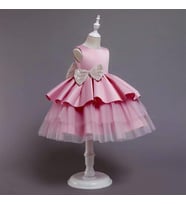 Sırtı Açık Kat Kat Tüllü Elbise - Kat Kat Tül Elbise - Sırt Dekolteli Kız Çocuk Abiye Mini Elbise (Pembe)