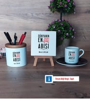 Abiye Hediye Hediye Seti Dekoratif Taş, Kalemlik, Ahşap Altlıklı Türk Kahvesi Fincanı Hediye (Model 7)