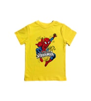 Spiderman baskılı örümcek adam pamuklu penye kumaş yazlık çocuk tişört (Sarı)