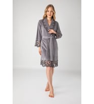 Dantelli Bambo Cotton Niki Kadife Bayan Sabahlık (Gri)