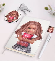 BK Gift Kişiye Özel Kız Çocuk İllüstrasyon Tasarımlı Siyah Defter Kalem Ve Anahtarlık Hediye Seti-1 (Model 2)
