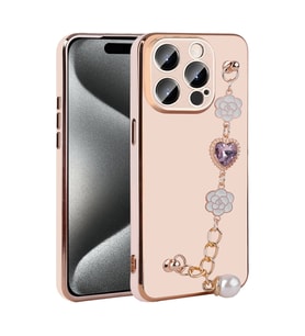Apple iPhone 15 Pro Max Kılıf El Askılı Tutamaçlı Kamera Korumalı Renkli Gold Kenar Silikon Kapak (Pembe)