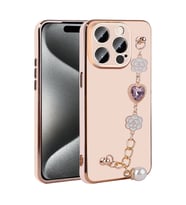 Apple iPhone 15 Pro Max Kılıf El Askılı Tutamaçlı Kamera Korumalı Renkli Gold Kenar Silikon Kapak (Pembe)