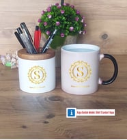 Gold Baş Harf Kalemlik, Kupa Bardak T Kişiye Özel Hediye (Model 3)