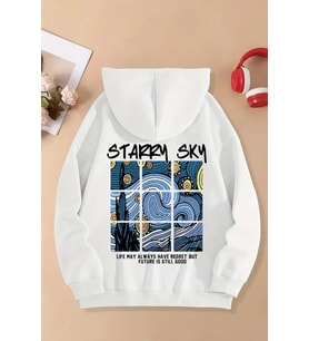 Starry Sky Baskılı Unisex Oversize Sweatshirt (Beyaz)
