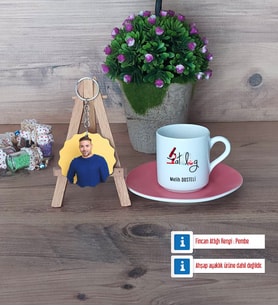 Patolog Türk Kahvesi Fincanı Ahşap Altlıklı ve Fotoğraflı Ahşap Anahtarlık Hediye (Model 6)