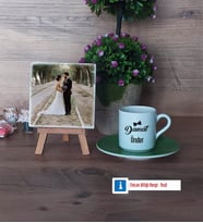 Damat Fotoğraflı Dekoratif Taş, Ahşap Altlıklı Türk Kahvesi Fincanı Hediye (Model 9)