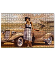 Cakapuzzle Antika Araba Uçak ve Beyaz Elbiseli Kadın Puzzle Yapboz MDF (Ahşap) (500 Parça)