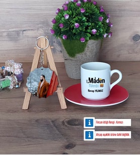 Maden Mühendisi Türk Kahvesi Fincanı Ahşap Altlıklı ve Fotoğraflı Ahşap Anahtarlık Hediye (Model 3)