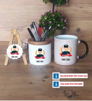 Erkek Polis Hediye Sepeti Kalemlik, Kupa Bardak Sihirli, Ahşap Anahtarlık Hediye (Model 1)