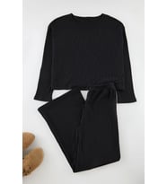 Tarz Rahat Uzun Kollu Geniş Paça Fitilli Örme Pijama Takımı (Siyah)