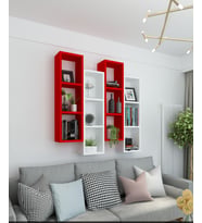 Kitaplık Modern Duvar Rafı Sarı Siyah 4 Lü Takım (Kırmızı-Beyaz)