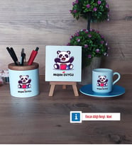 Sevimli Panda Hediye Seti Dekoratif Taş, Kalemlik, Ahşap Altlıklı Türk Kahvesi Fincanı Hediye (Model 5)