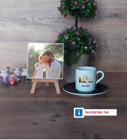 Babaya Doğum Günü Hediyesi Fotoğraflı Dekoratif Taş, Ahşap Altlıklı Türk Kahvesi Fincanı Hediye Babalar Günü Hediyesi (Model 7)