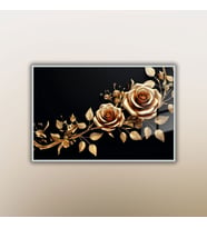 Metal Çerçeveli Yatay Cam Tablo Gold Renkli Güller ve Yapraklar (Gümüş)