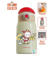 CocoSmile Özel Kutulu Kılıflı 470 ML Pipetli Çelik Termos -Boyun Askılı- 4 Farklı Model  csKılıflı (Beyaz)