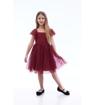 Kız Çocuk Kare Yaka Trend Tül Elbise AK2242 (Bordo)