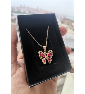 Altın Kaplama Zirkon Taşlı Kelebek Kolye (Fuşya)