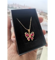Altın Kaplama Zirkon Taşlı Kelebek Kolye (Fuşya)