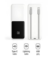 PW-95 PD 22.5W HIZLI ŞARJ LCD Kendiliğinden Type-c Lightning Kablolu 1Usb-A Girişli Powerbank (Beyaz)
