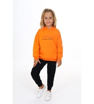 Toontoy Kız Çocuk Kapüşonlu Kanguru Cepli Baskılı Eşofman Takım (Oranj)