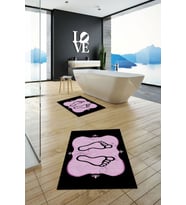 EVDEYA Dijital Baskılı Yıkanabilir Modern Ayak İzi Desenli İkili Banyo Halısı Klozet Takımı, KLOZET-20-GOLD, (Pembe)