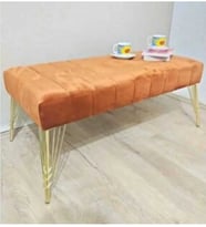 Modern Çizgi Model Puf Ayakucu Bench Gold Metal Ayak 90 cm (Turuncu)