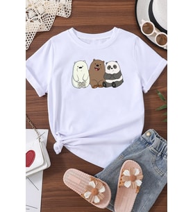 Çocuk Kafadar Ayılar Baskılı Pamuklu Tshirt (Beyaz)