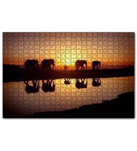 Cakapuzzle Günbatımında Nehir Kenarındaki Fil Ailesi  Puzzle Yapboz MDF (Ahşap) (255 Parça)
