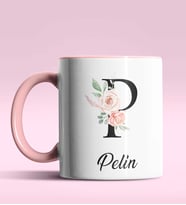 Kişiye Özel P Harfi Temalı Gül Tasarım Siyah Renk Kupa (Pembe)