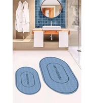 EVDEYA Dijital Baskılı Yıkanabilir Sade Bathroom Yazılı Oval Banyo Paspası Klozet Takımı, OKLOZET-4-GRİ, (Mavi)