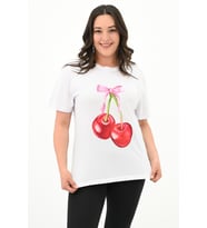 Kadın Büyük Beden Kiraz Baskılı T-shirt 1785-24 (Beyaz)