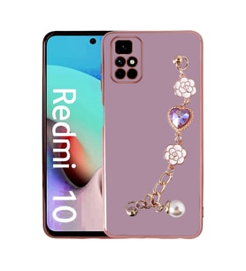 Xiaomi Redmi 10 Kılıf El Askılı Tutamaçlı Kamera Korumalı Renkli Gold Kenar Silikon Kapak (Mor)