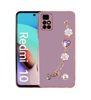 Xiaomi Redmi 10 Kılıf El Askılı Tutamaçlı Kamera Korumalı Renkli Gold Kenar Silikon Kapak (Mor)