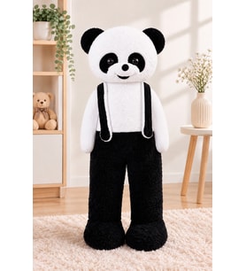 Elinde Çiçek Tutan Tulumlu Pelüş Panda 110 cm (Beyaz-Siyah)