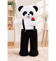 Elinde Çiçek Tutan Tulumlu Pelüş Panda 110 cm (Beyaz-Siyah)