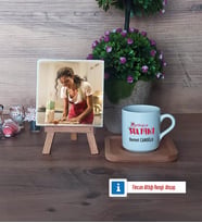 Mutfağın Sultanı Anneye Hediye Fotoğraflı Dekoratif Taş, Ahşap Altlıklı Türk Kahvesi Fincanı Hediye (Model 1)