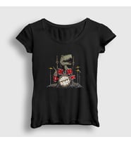 Presmono Kadın Beyaz Dinos Dinozor Drums Bateri T-Shirt 370867tt (Siyah)