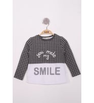 Toontoy Kız Çocuk Kareli Kumaşlı Smile Baskılı T-Shirt (Antrasit Melanj)