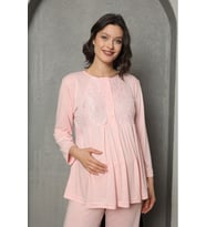 Saray Incisi Göğüs Dantel Detaylı Kadın Hamile Pijama Takımı 1032 (Pembe)