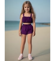 Kız Bebek Düz Renk Crop Şort Set (Mor)