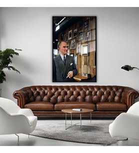 Metal Çerçeveli Temperli Cam Tablo Atatürk ve Fotoğrafları (Siyah)