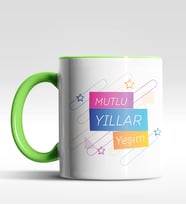 Kişiye Özel Mutlu Yıllar Yıldızlı Tasarımlı Siyah Kupa (Yeşil)