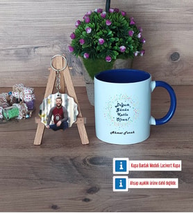 Doğum Günü Hediyesi Kupa Bardak Beyaz ve Fotoğraflı Ahşap Anahtarlık Hediye (Model 3)