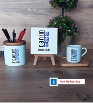 Babaya Hediye Hediye Seti Dekoratif Taş, Kalemlik, Ahşap Altlıklı Türk Kahvesi Fincanı Hediye (Model 1)