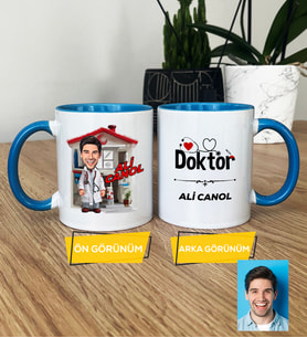 Kişiye Özel Karikatürlü Doktor Hediye Kupa Bardak Doktora Tıp Bayramı Hediyesi (Mavi)