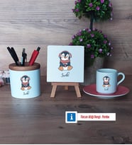 Tatlı Penguen Hediye Seti Dekoratif Taş, Kalemlik, Ahşap Altlıklı Türk Kahvesi Fincanı Hediye (Model 6)