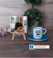 Erkek Öğretmene Hediye Fotoğraflı Dekoratif Taş, Ahşap Altlıklı Türk Kahvesi Fincanı Hediye (Model 5)